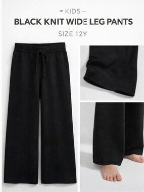 Kids Black Knit Wide Leg Pants Size 12Y Soft Elastic Waist Cozy
